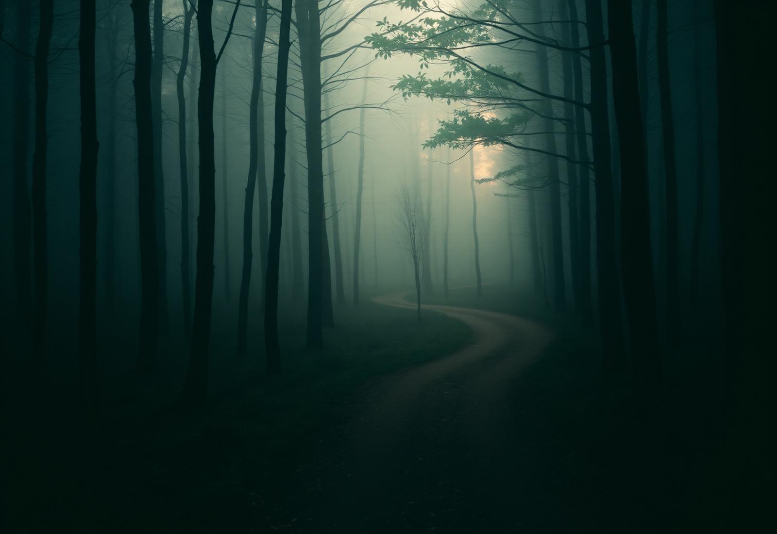 A winding path through misty woods toward soft morning light — recovery as a journey, not a moment.