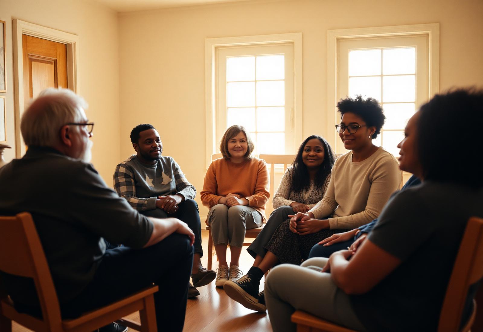 A diverse community group sits together in conversation — change happens when people show up.