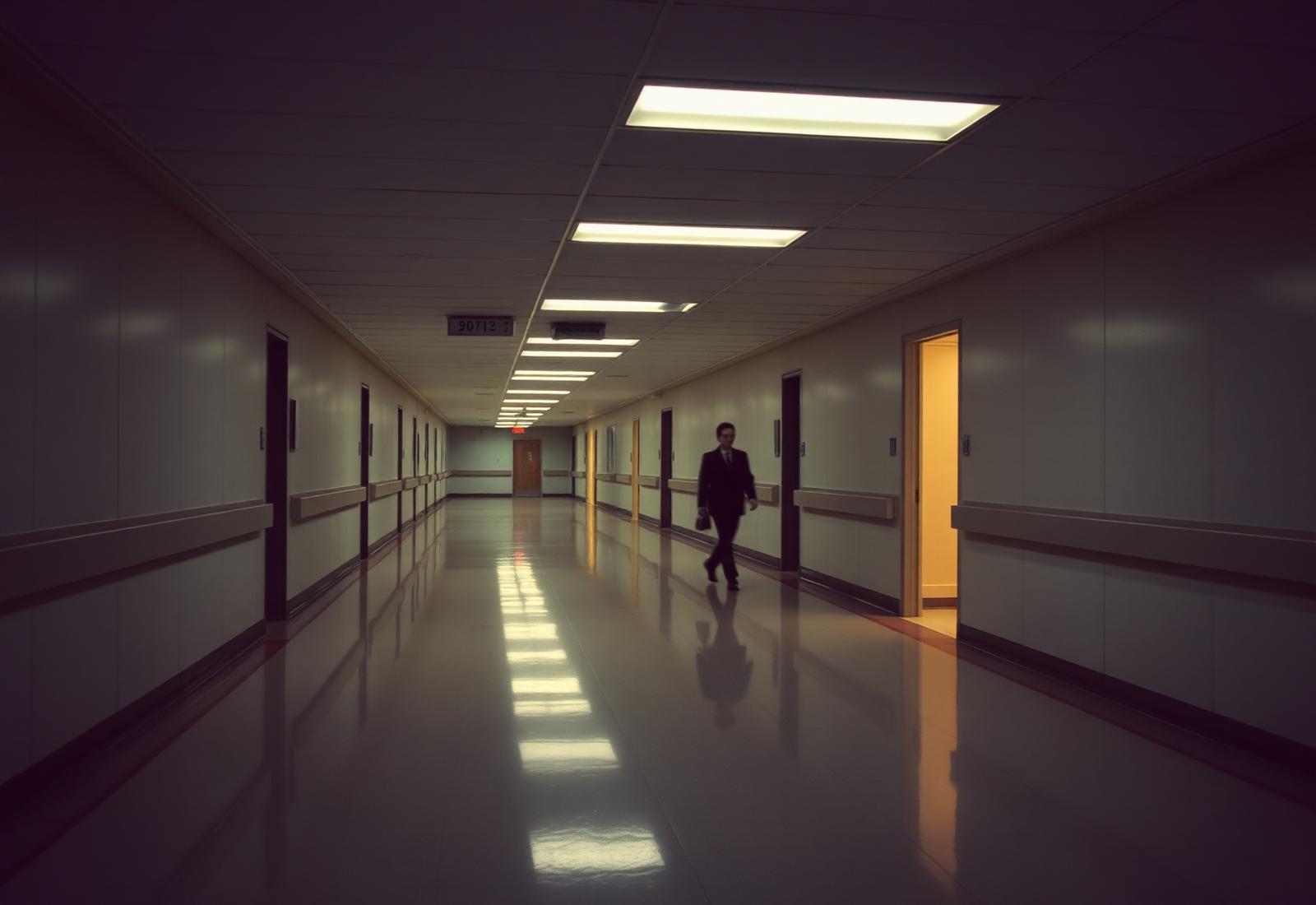 An empty hospital corridor at dusk — the moment of discharge, without a next step.