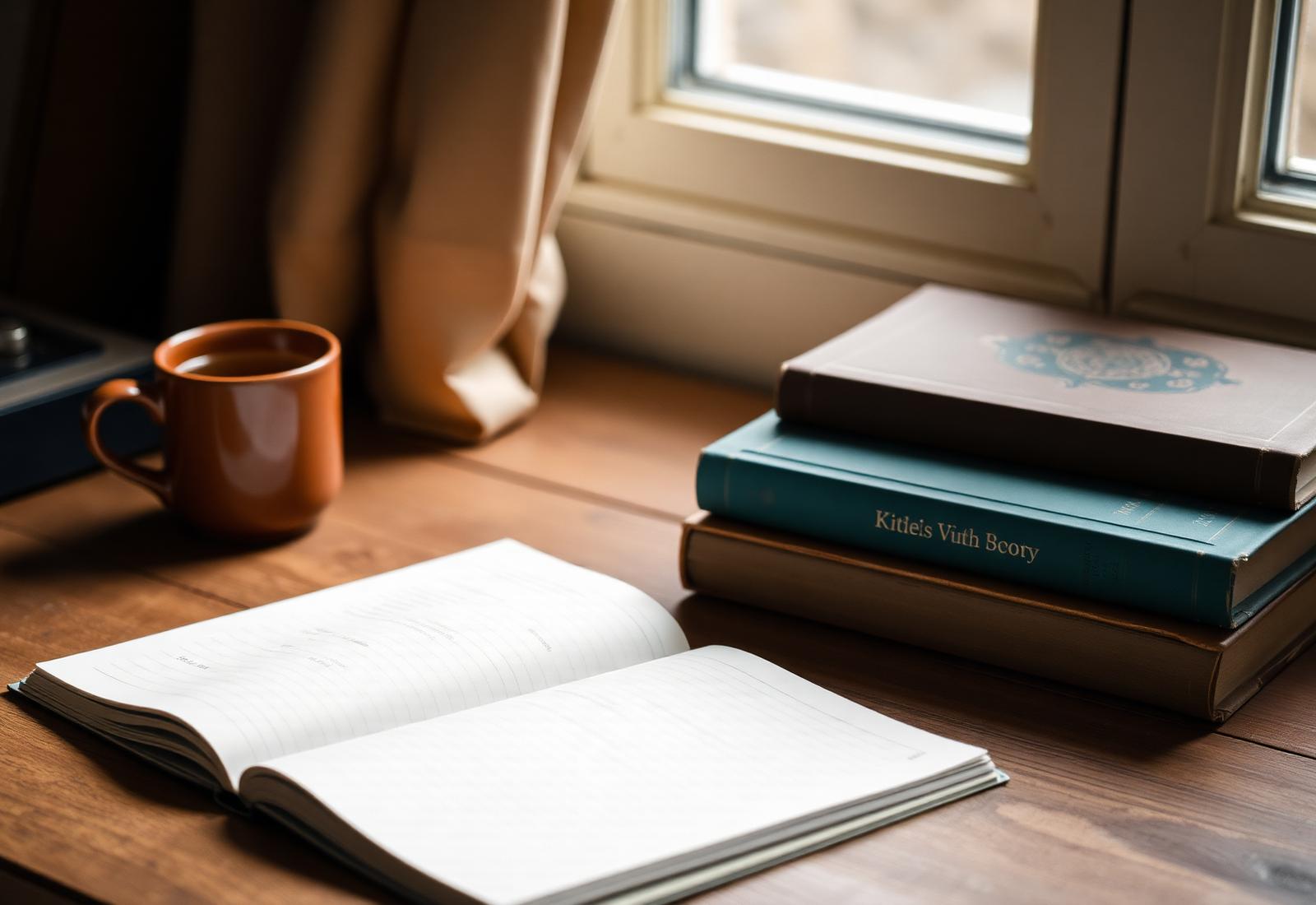 An open notebook and stack of books beside a warm cup — education as the foundation of advocacy.